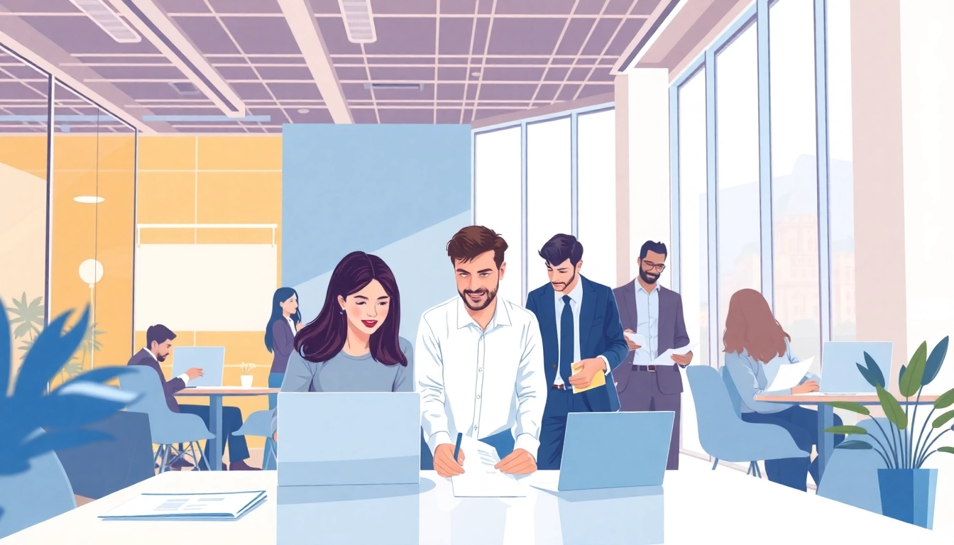 Illustration of professionals collaborating on Polonya'da Şirket Açmak, showcasing diverse teamwork and modern workspace.