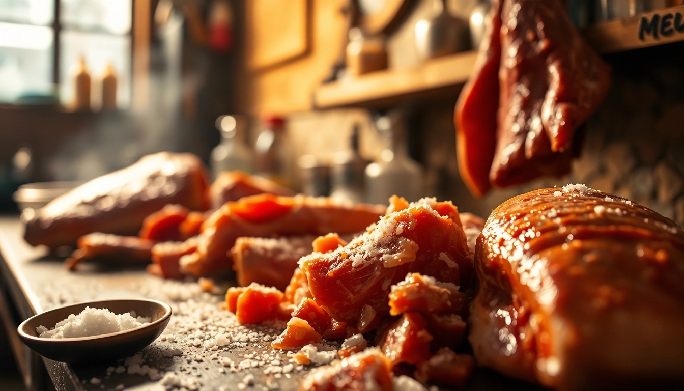 Salting meats in a rustic kitchen, enhancing flavor and preservation with visible salt crystals.