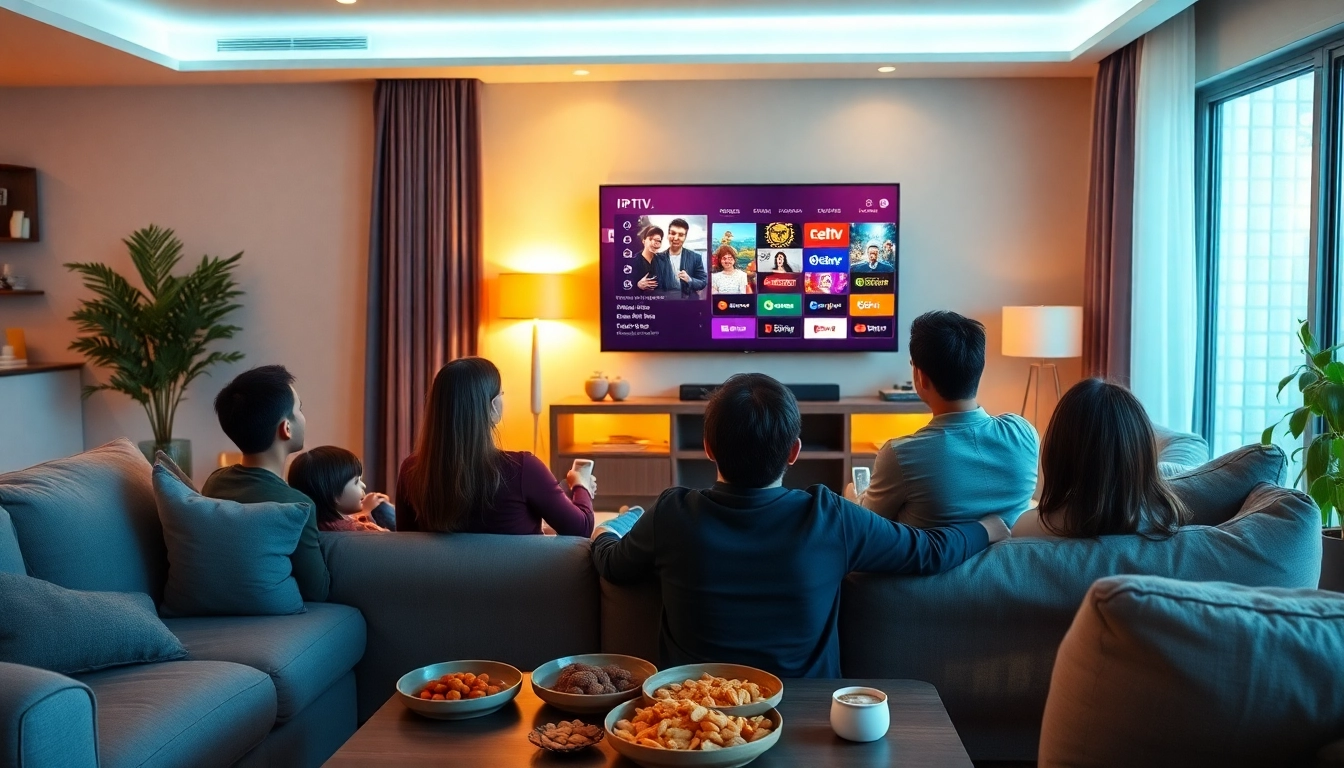 Family enjoying their abonnement iptv streaming experience in a cozy living room setting.