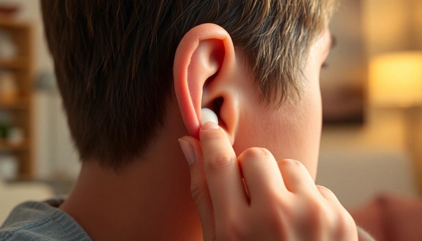 Inserting an ear plug in ear for noise reduction and comfort in daily activities.