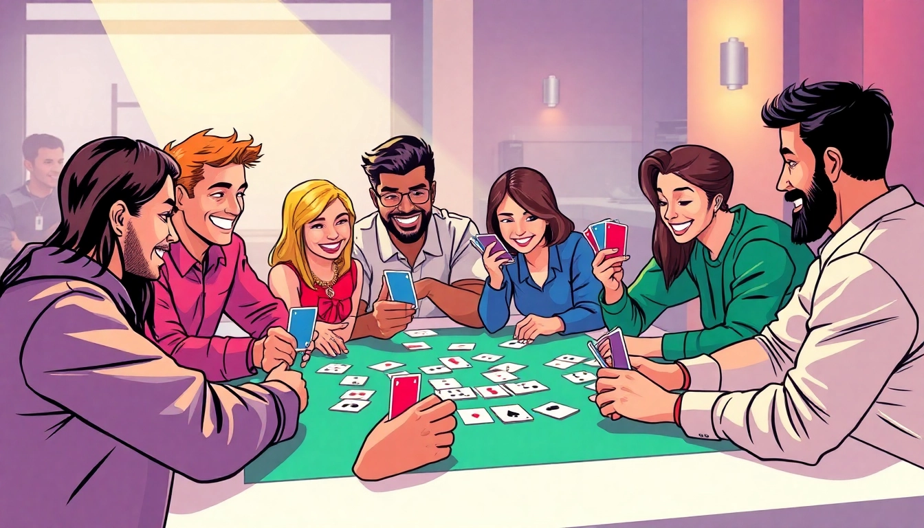 Players enjoying rummy wealth game at a lively table, displaying colorful cards and excitement.