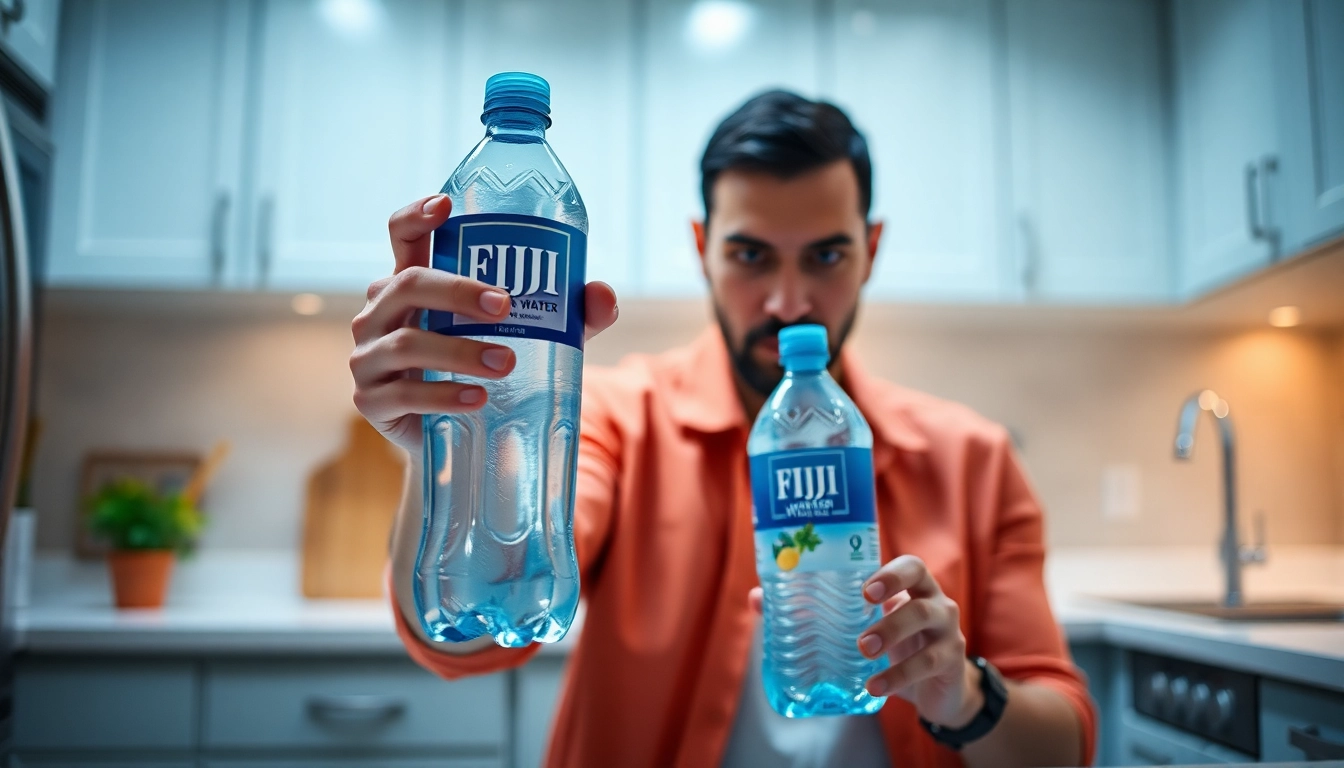 Check labeling for the fiji water recall 2024 on a bottle in a kitchen, ensuring safety.