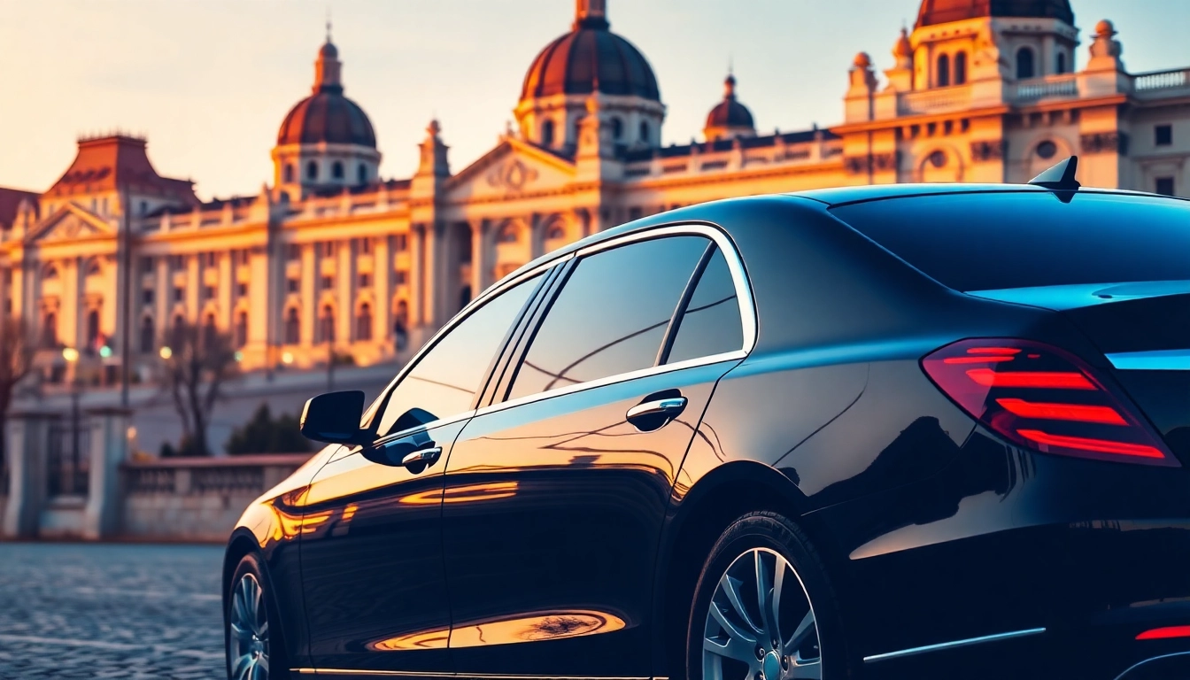 Experience a cheap chauffeur service Budapest with our luxurious black car waiting in front of a historic site.