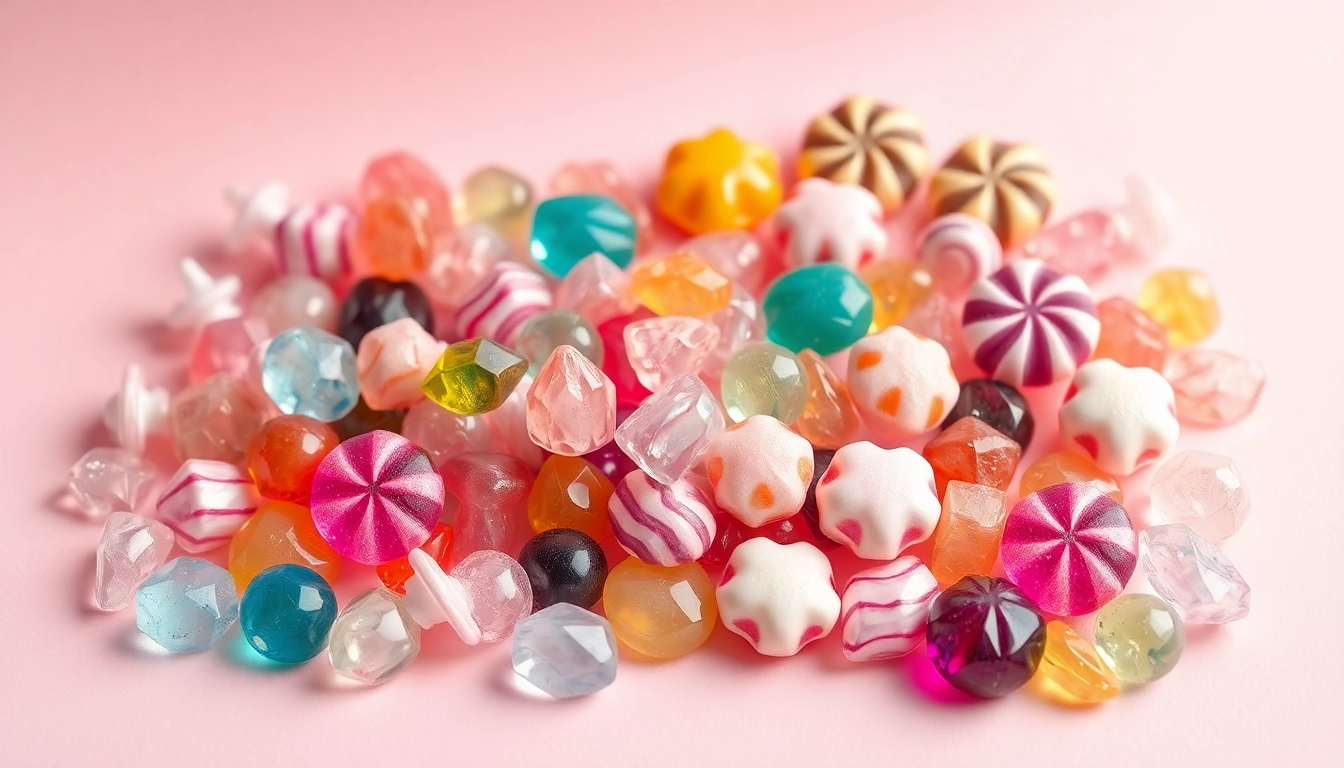 Indulge in colorful crystal candy resembling sparkling gems arranged artfully for a delightful experience.