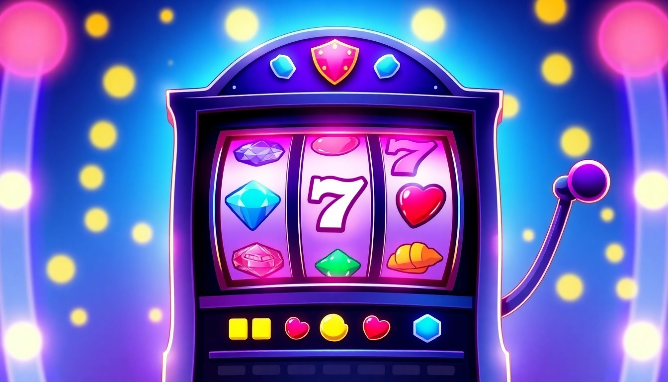 Play engaging slot online games with vibrant slot machines featuring spinning reels and colorful symbols.