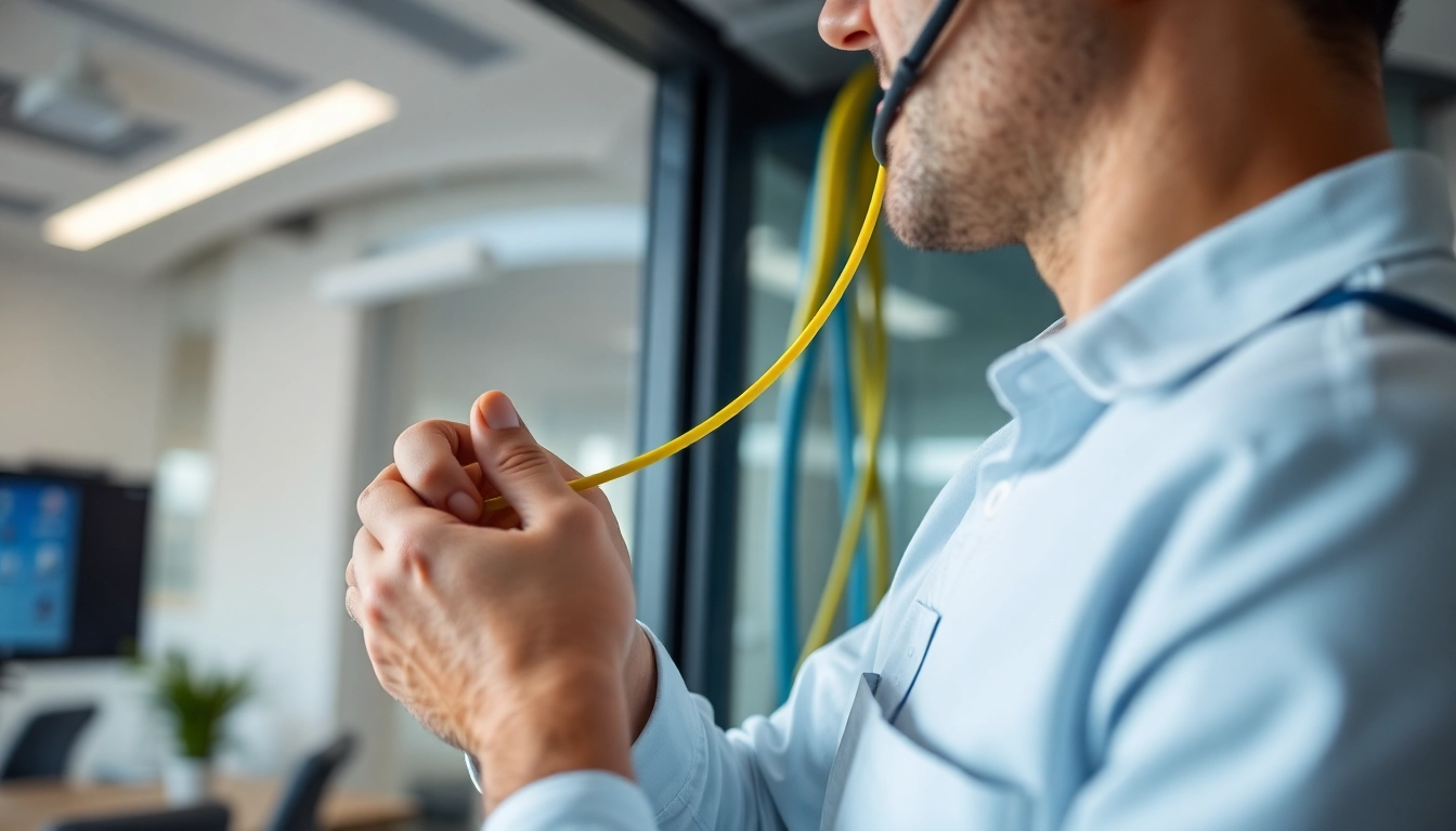 Technician expertly executing a Data Cable Installation service in a bright office setting.