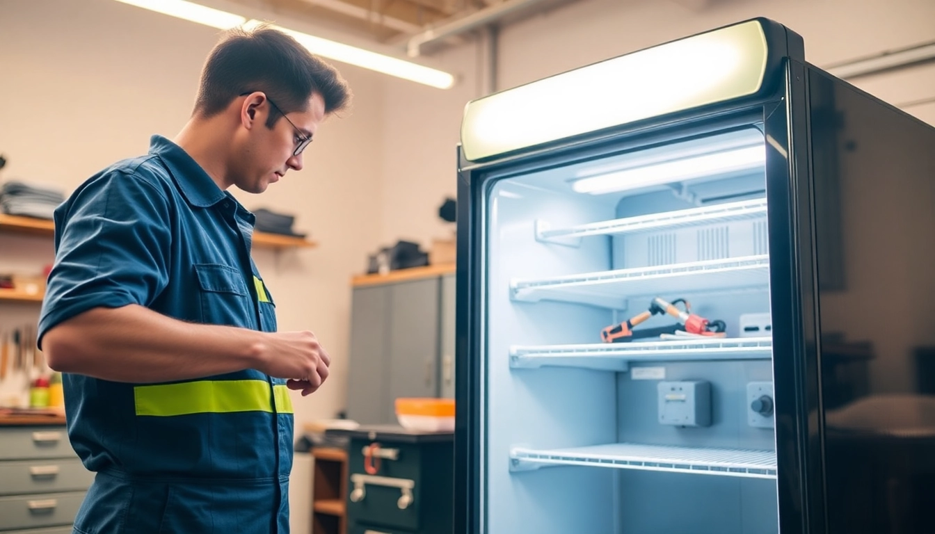 Performing a soda cooler repair with tools and parts visible in a well-lit workshop.