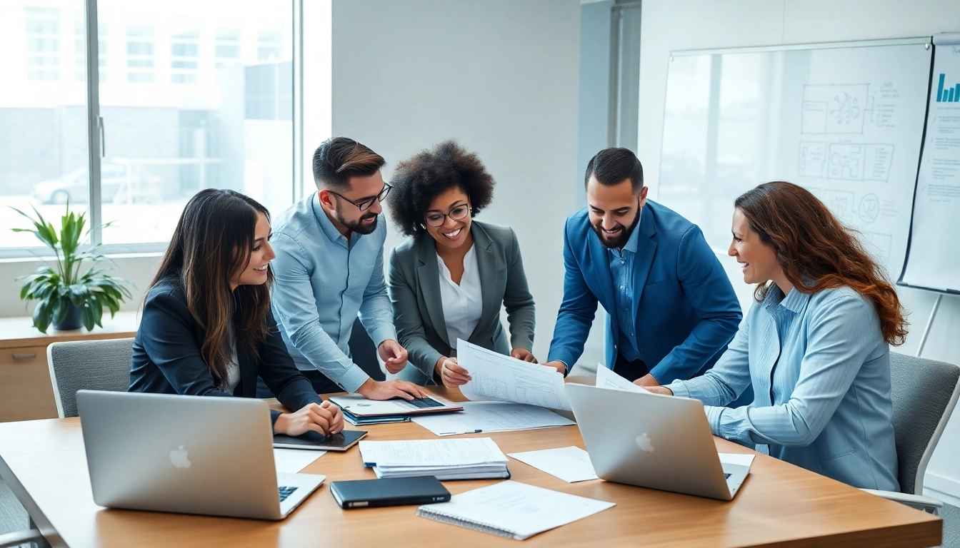 Showcase a team discussing outsourcing strategies in a modern office setting.