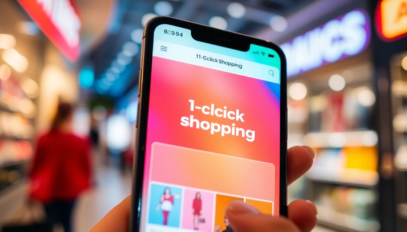 Engage with 1click here on the smartphone featuring a vibrant shopping app interface.