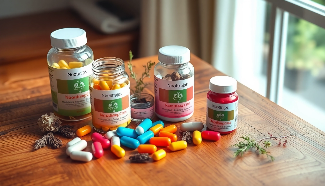 Visualize nootropics supplements with colorful capsules on a wooden table, showcasing natural ingredients.