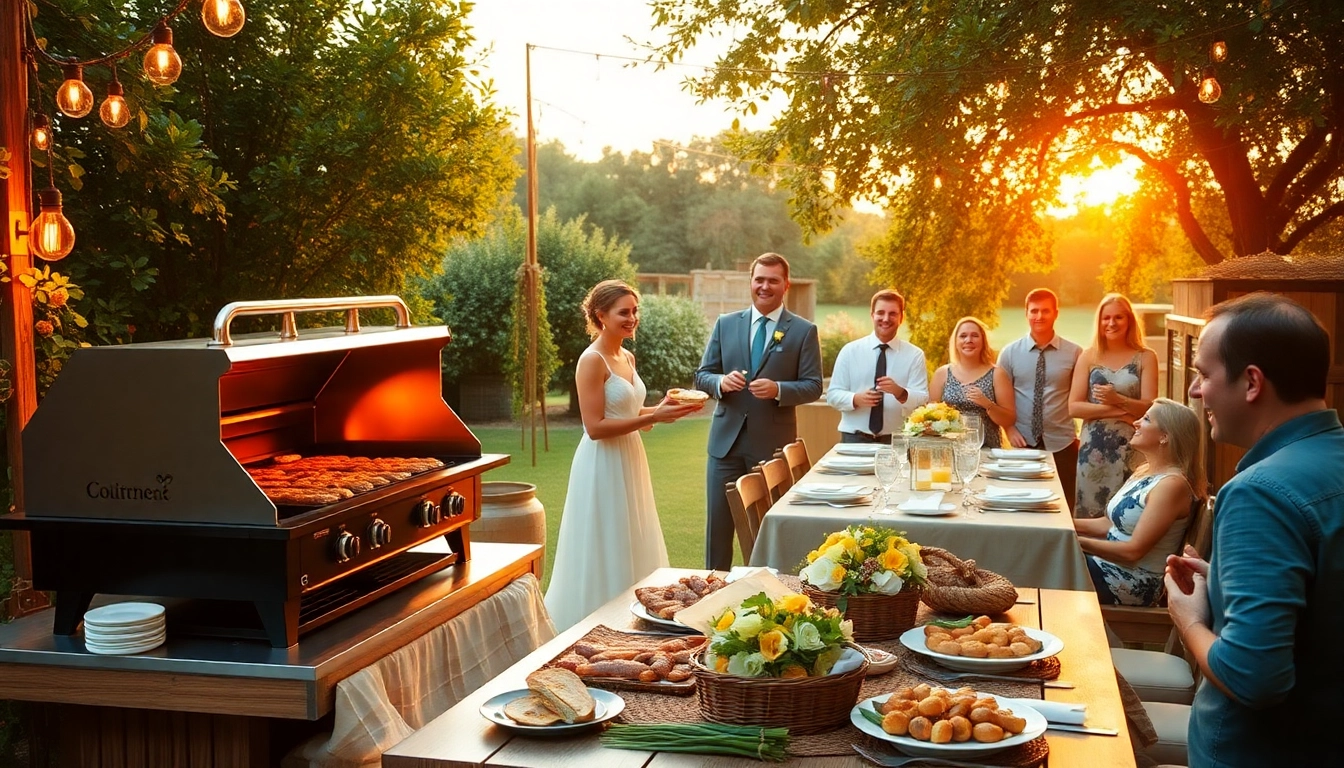 Hochzeit Grill Catering für Berlin with a gourmet barbecue setup, joyful guests enjoying a perfect summer evening.