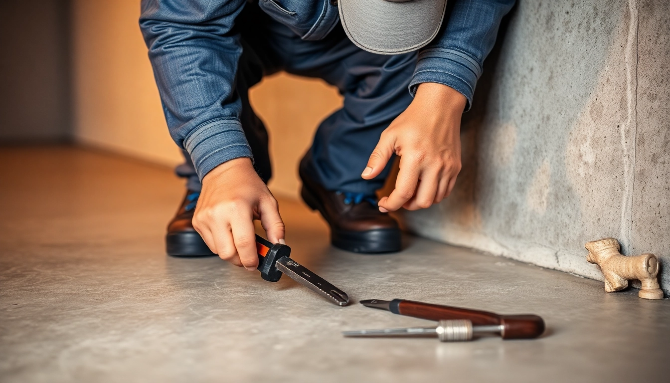 Analyze what is slab leakage through a plumber inspecting a concrete floor with visible tools and equipment.