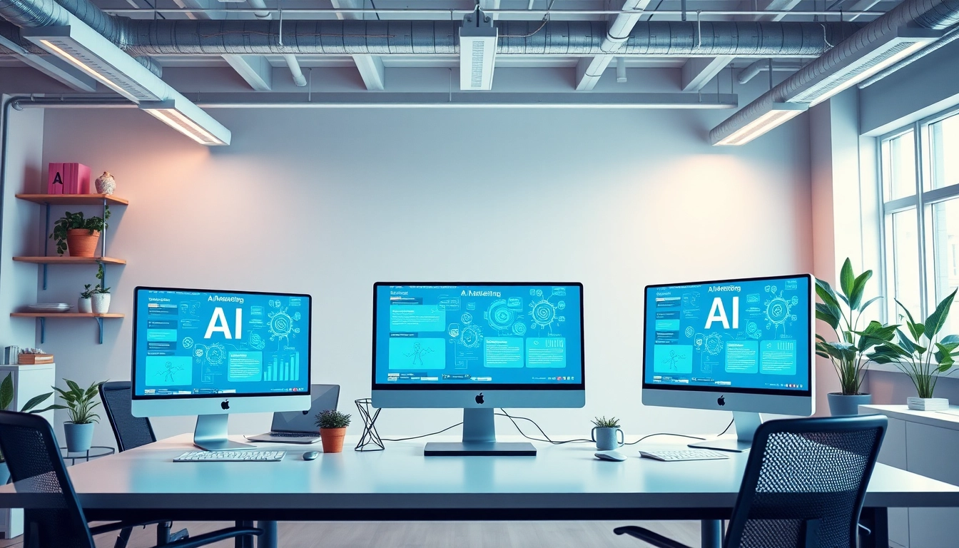 Showcase various AI marketing tools on screens in a modern office to highlight technology integration.