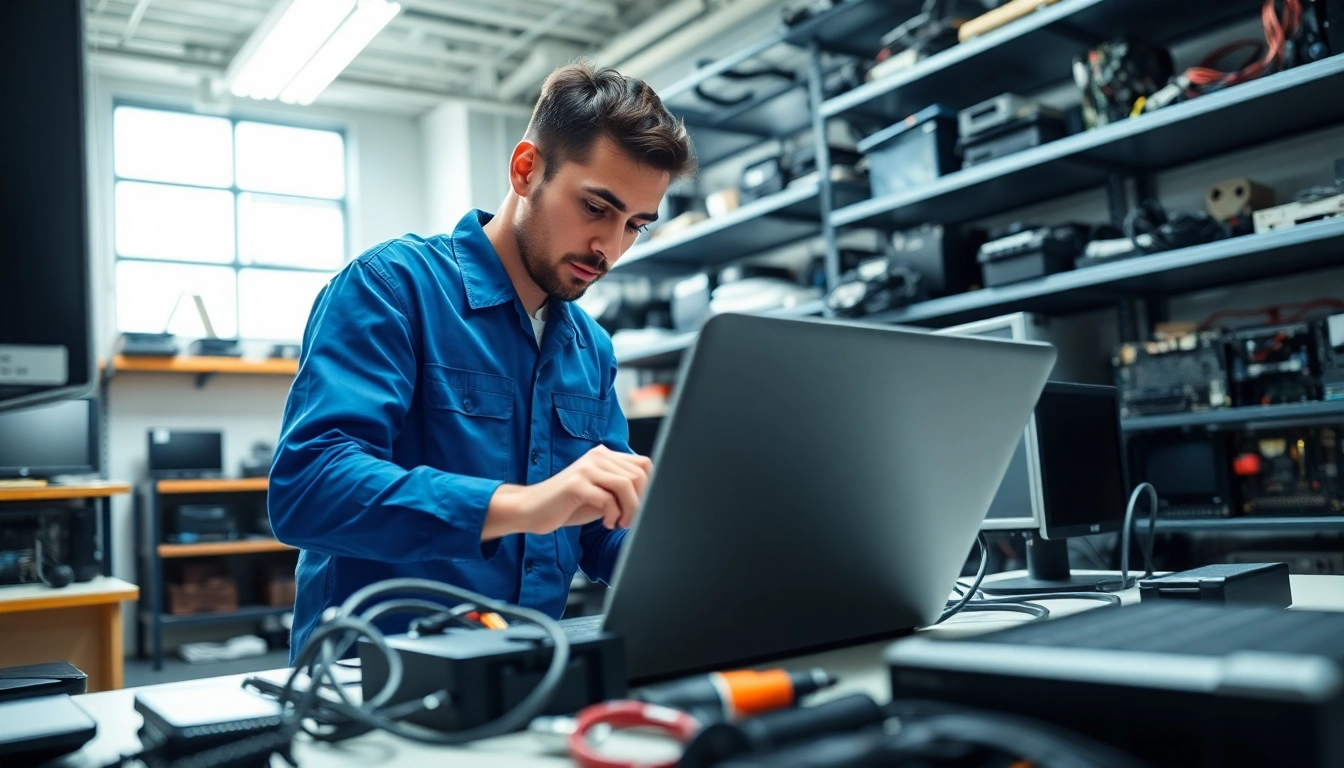 Riparazione computer settimo torinese con tecnico al lavoro su un laptop in un laboratorio moderno.