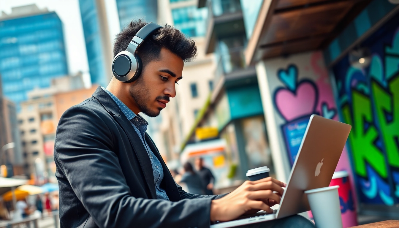 Engaging visuals of a based chad on farcaster using a laptop in a vibrant urban environment.