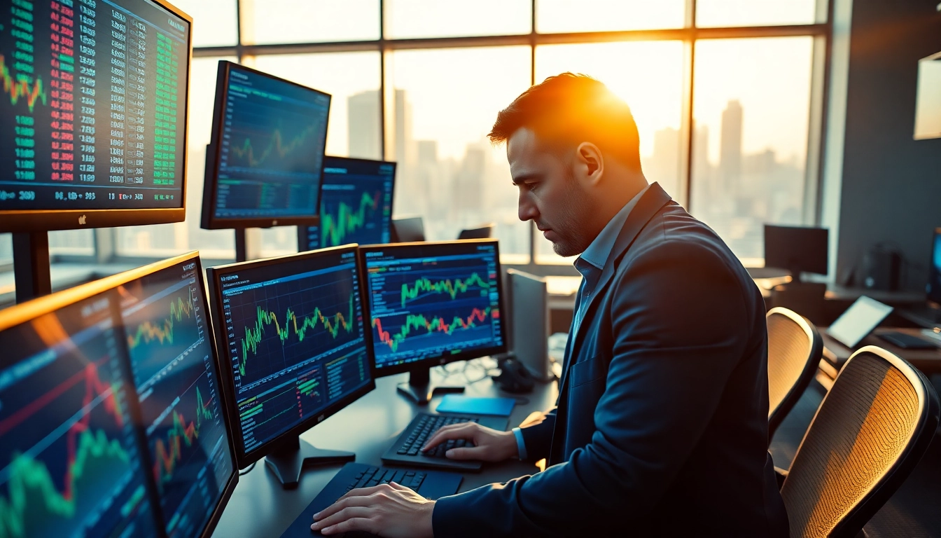 Engaged trader analyzing charts and data on trade futures amidst a modern office setting.