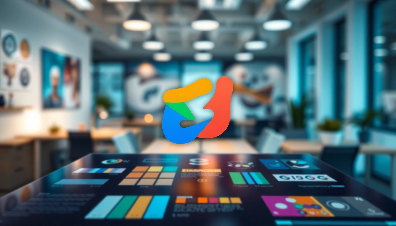 Innovative branding elements showcasing AI business branding concepts in a creative workspace.