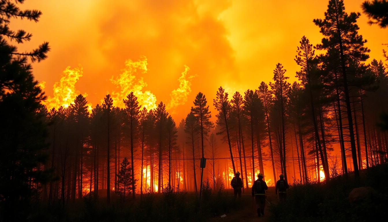 Firefighters combatting wildfire events in a forest, showcasing intense action and resilience.
