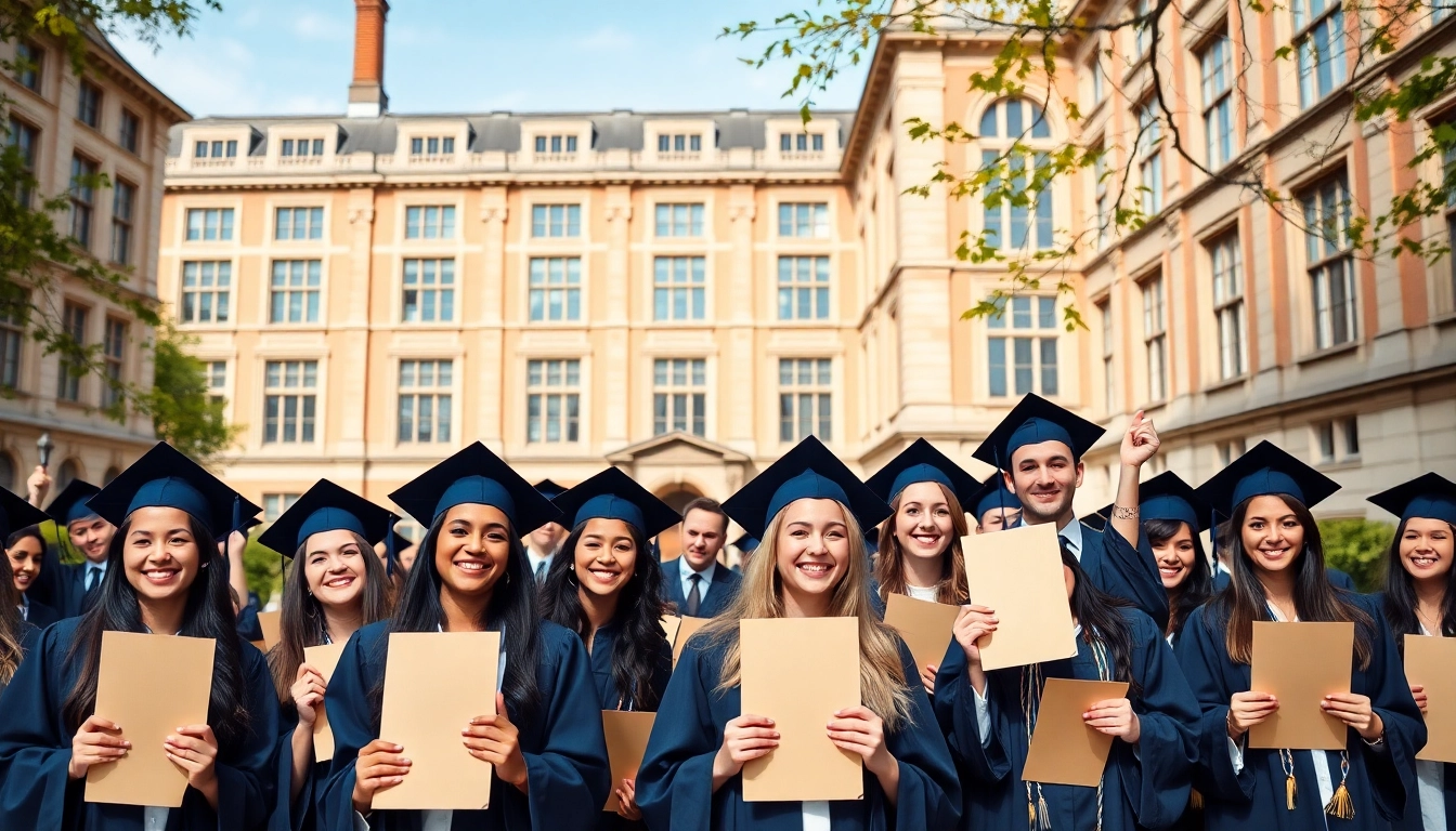 Graduates showcasing their original university degrees UK in a vibrant academic setting.