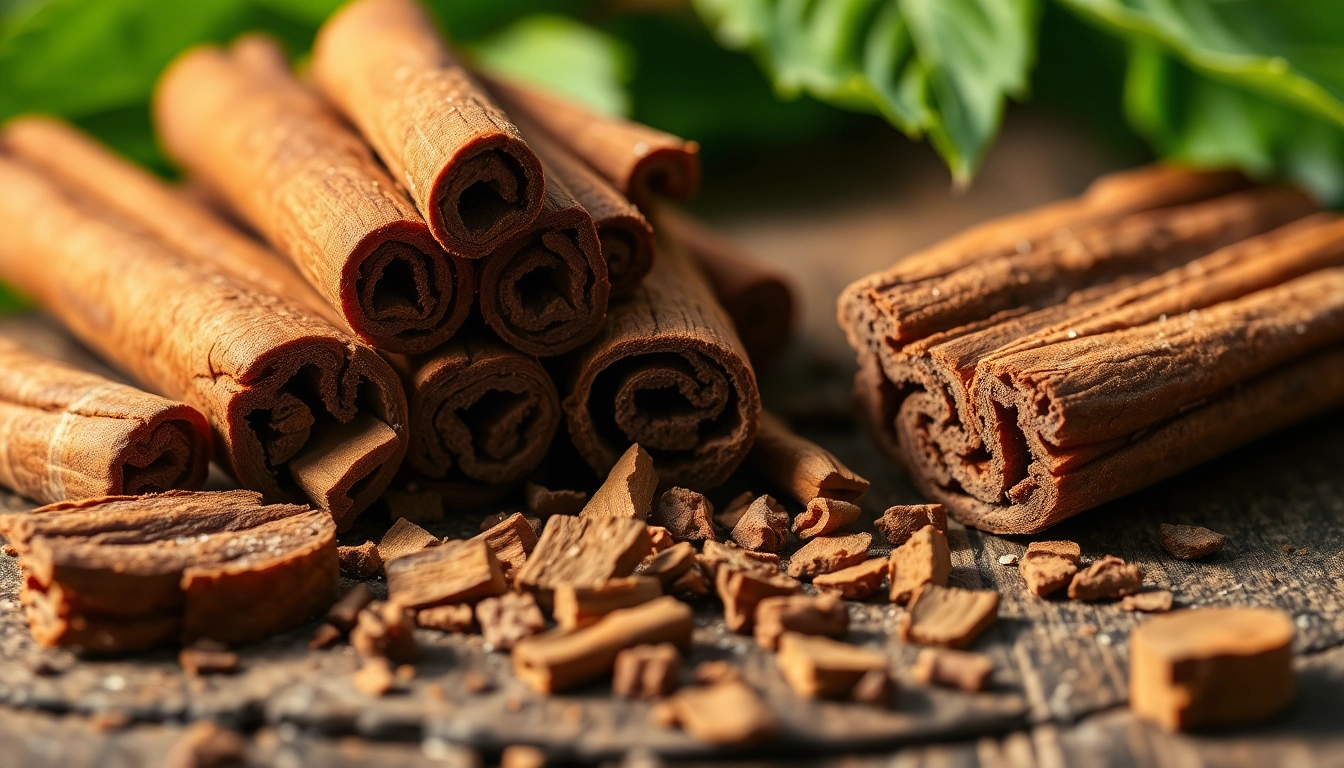 Showcasing cinnamon bark's rich texture and color on a wooden surface.
