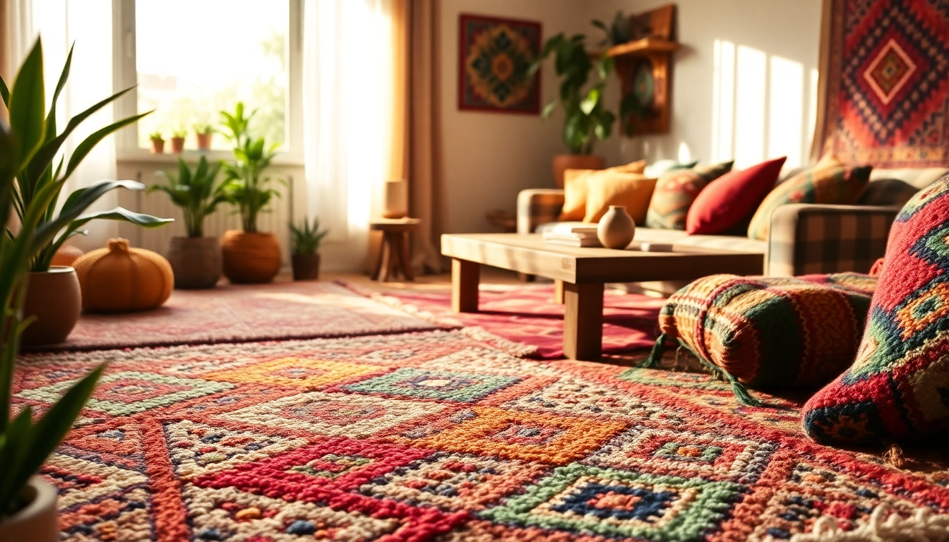 Bright Moroccan Boucherouite Rugs beautifully display unique patterns in a cozy living room setting.