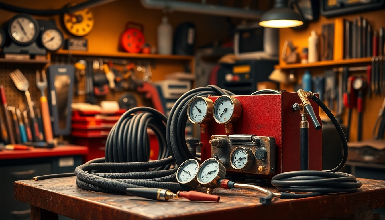 Showcase a professional oxy acetylene welding kit with tools and a cozy workshop setting.