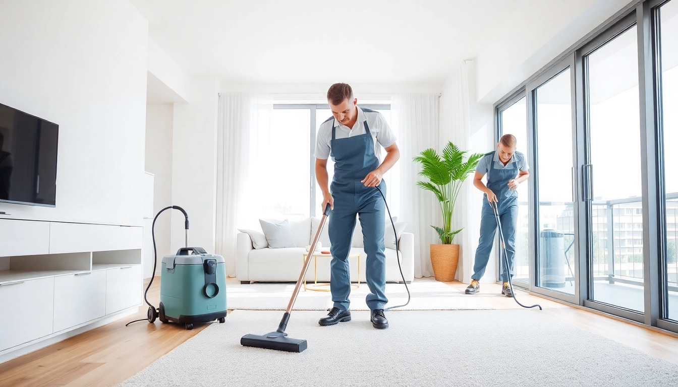 Efficient bond cleaning Brisbane service team at work in a bright apartment