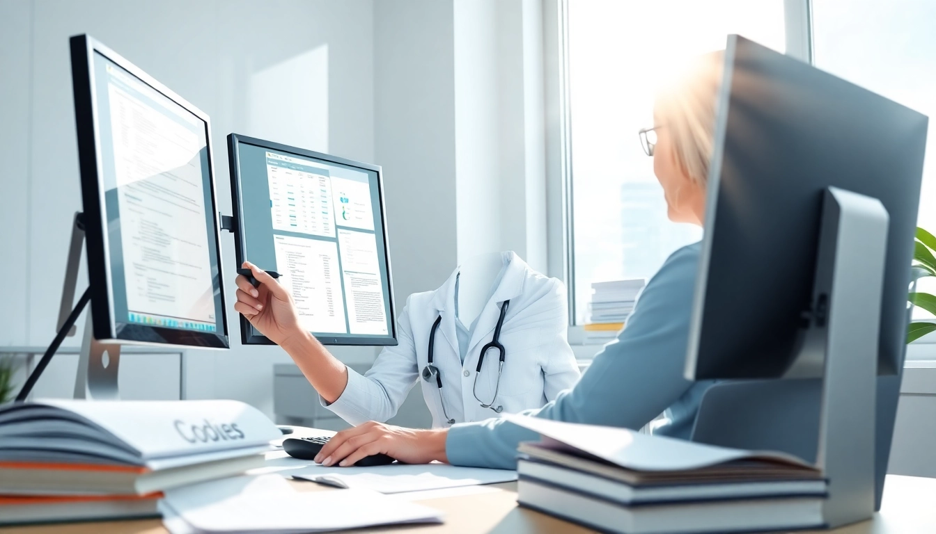 Engaged medical coding and billing certification professional analyzing patient data in a bright office setting.