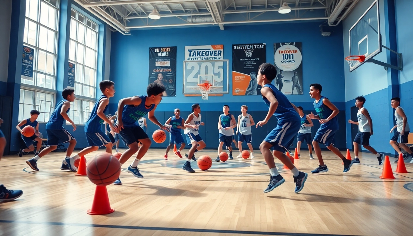 Young athletes practicing basketball at Takeover Basketball Academy, showcasing teamwork and determination.