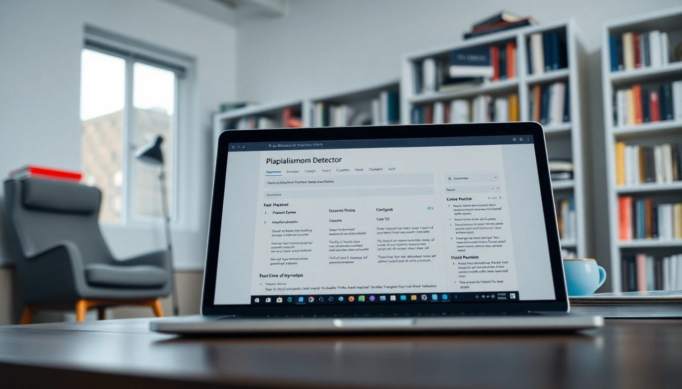 Analyze text accuracy using a plagiarism detector on a professional workspace.