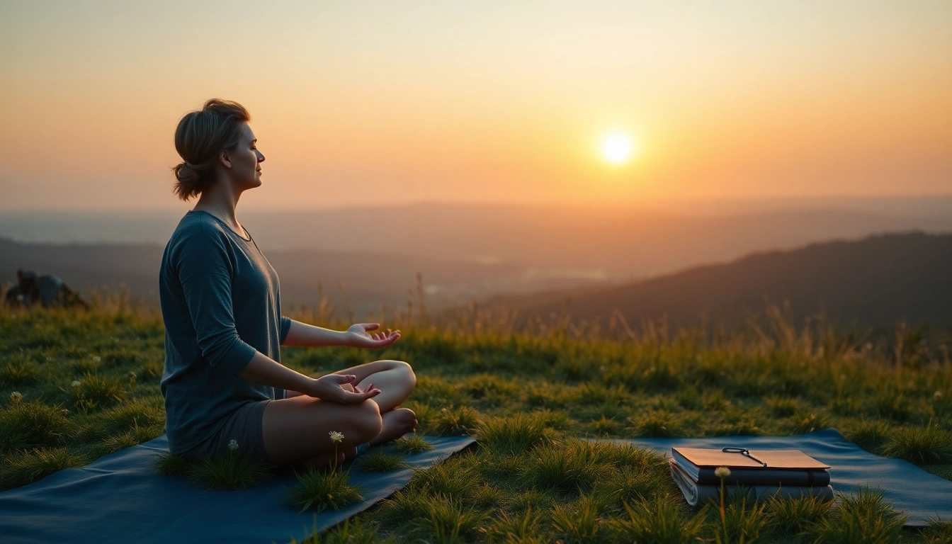 Individual practicing mindfulness to deal with stress in a tranquil outdoor setting.