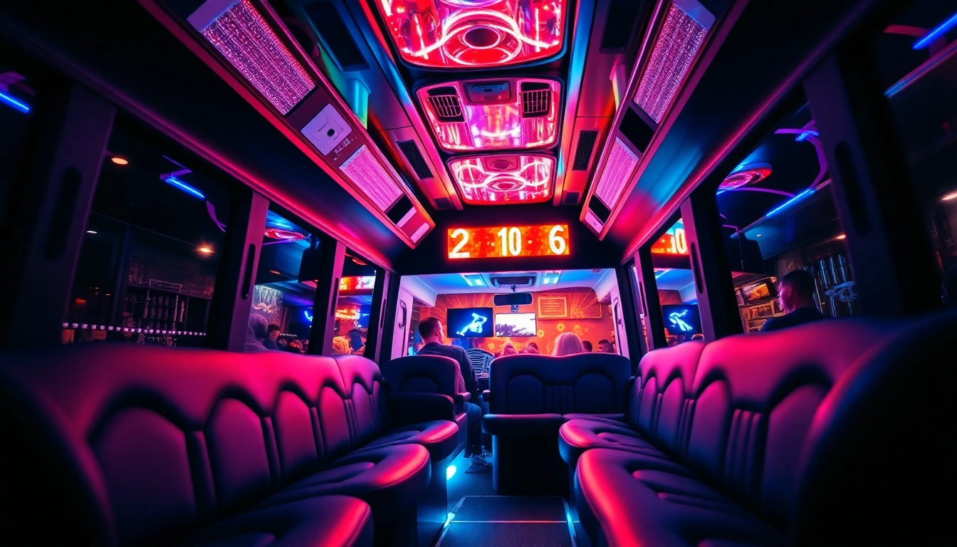 Enjoy a luxurious ride on an atlanta party bus with vibrant lights and a lively atmosphere.