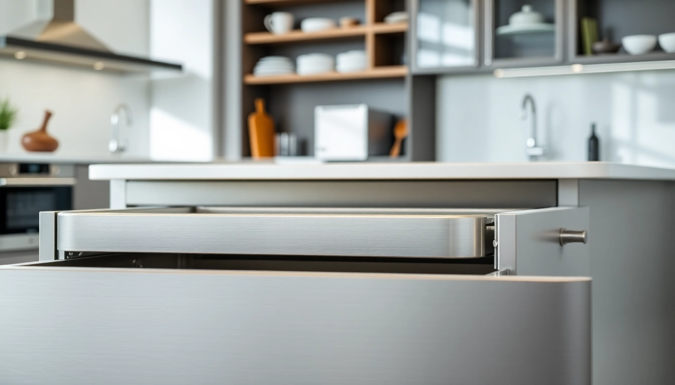 Showcase of a Metal Drawer System in a modern kitchen setting, highlighting its design and functionality.
