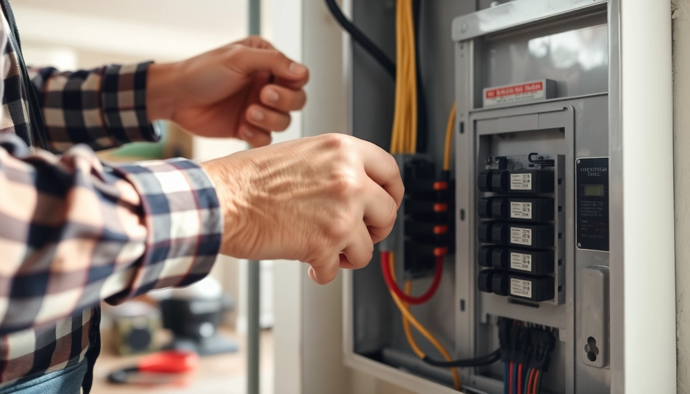 Electrician performing an Electrical Panel Upgrade, highlighting tools and safety elements.