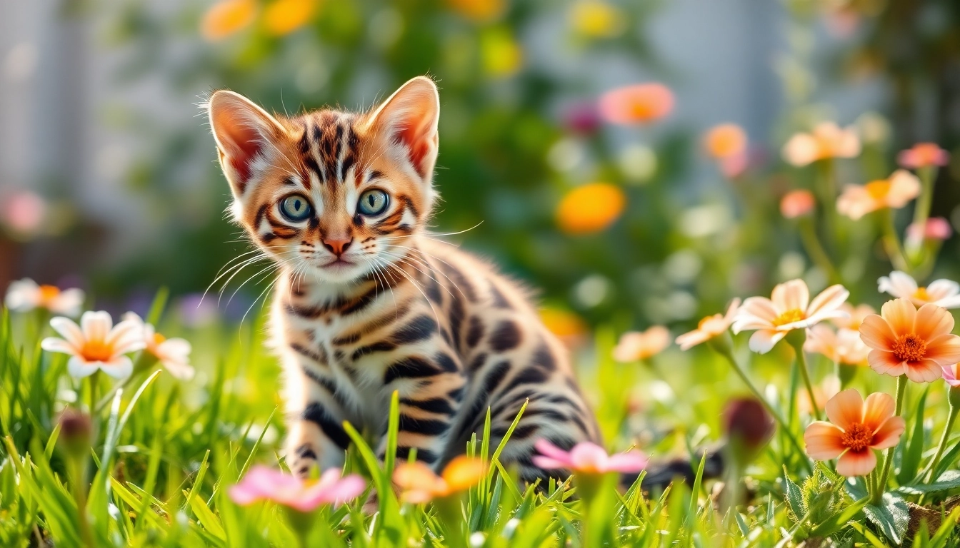 Bengal Breeders Orange County showcase playful kitten in sunny garden setting.
