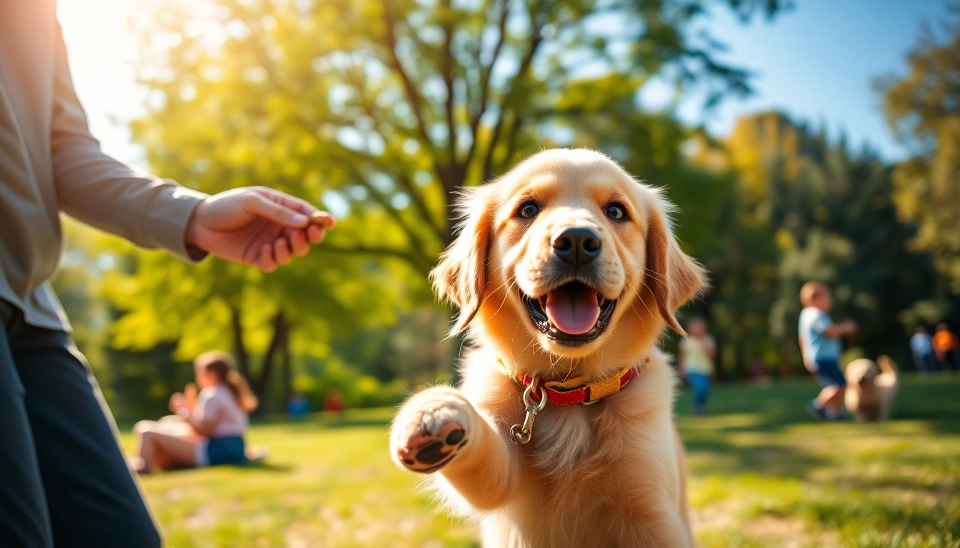 Engaged trainer demonstrating effective Dog Training Irvine techniques with a golden retriever puppy.