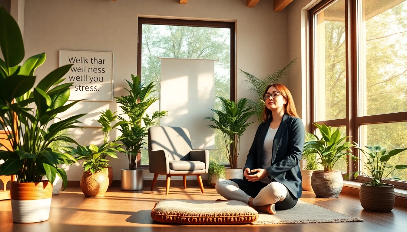 Practicing techniques for dealing with stress in a serene office setting.