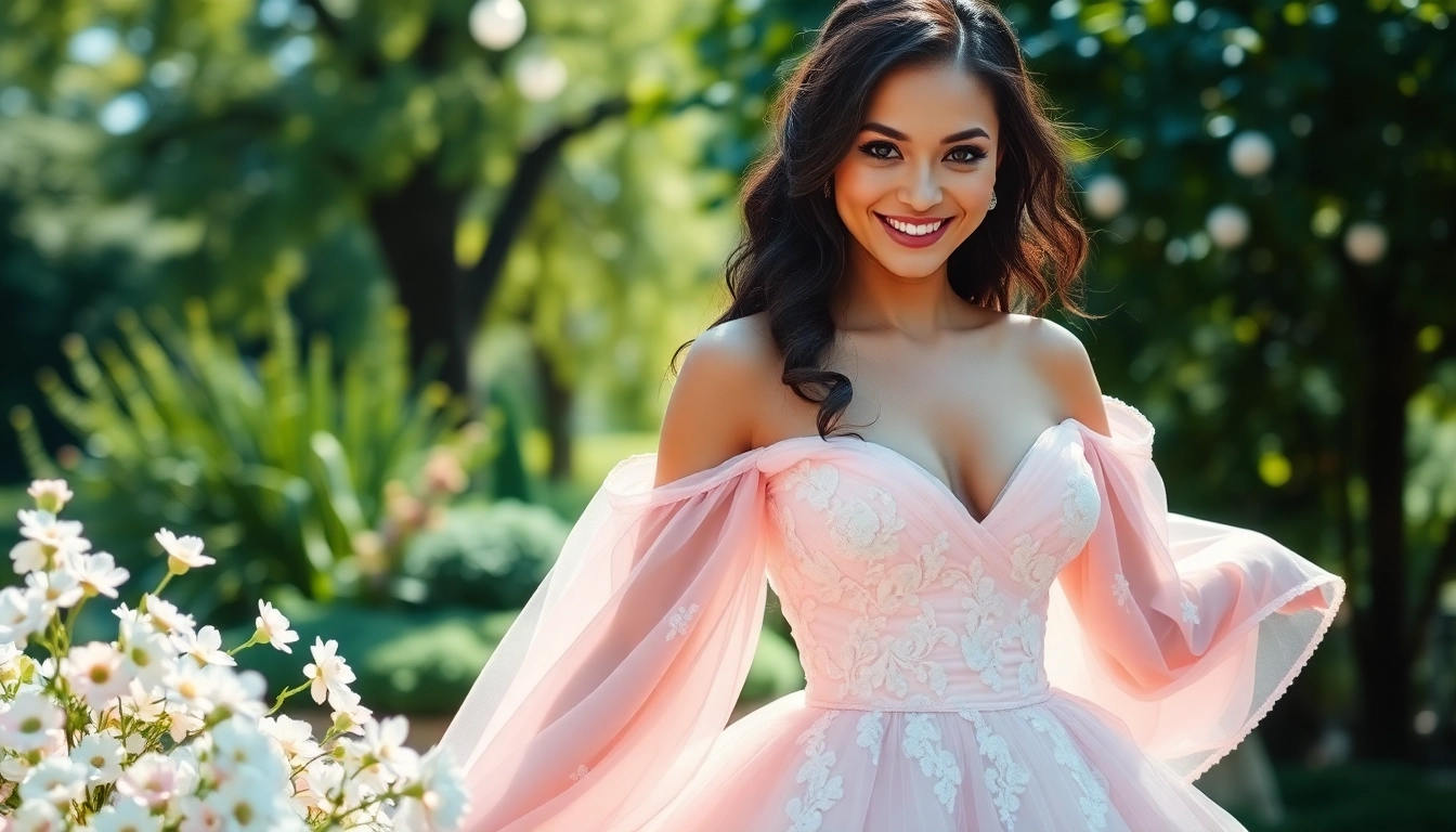 Bridal model in exquisite coloured wedding dresses highlighting vibrant styles against a dreamy garden backdrop.