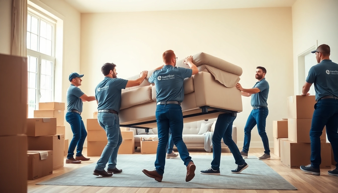 Professionals performing house moves by lifting furniture with careful teamwork in a bright living room.