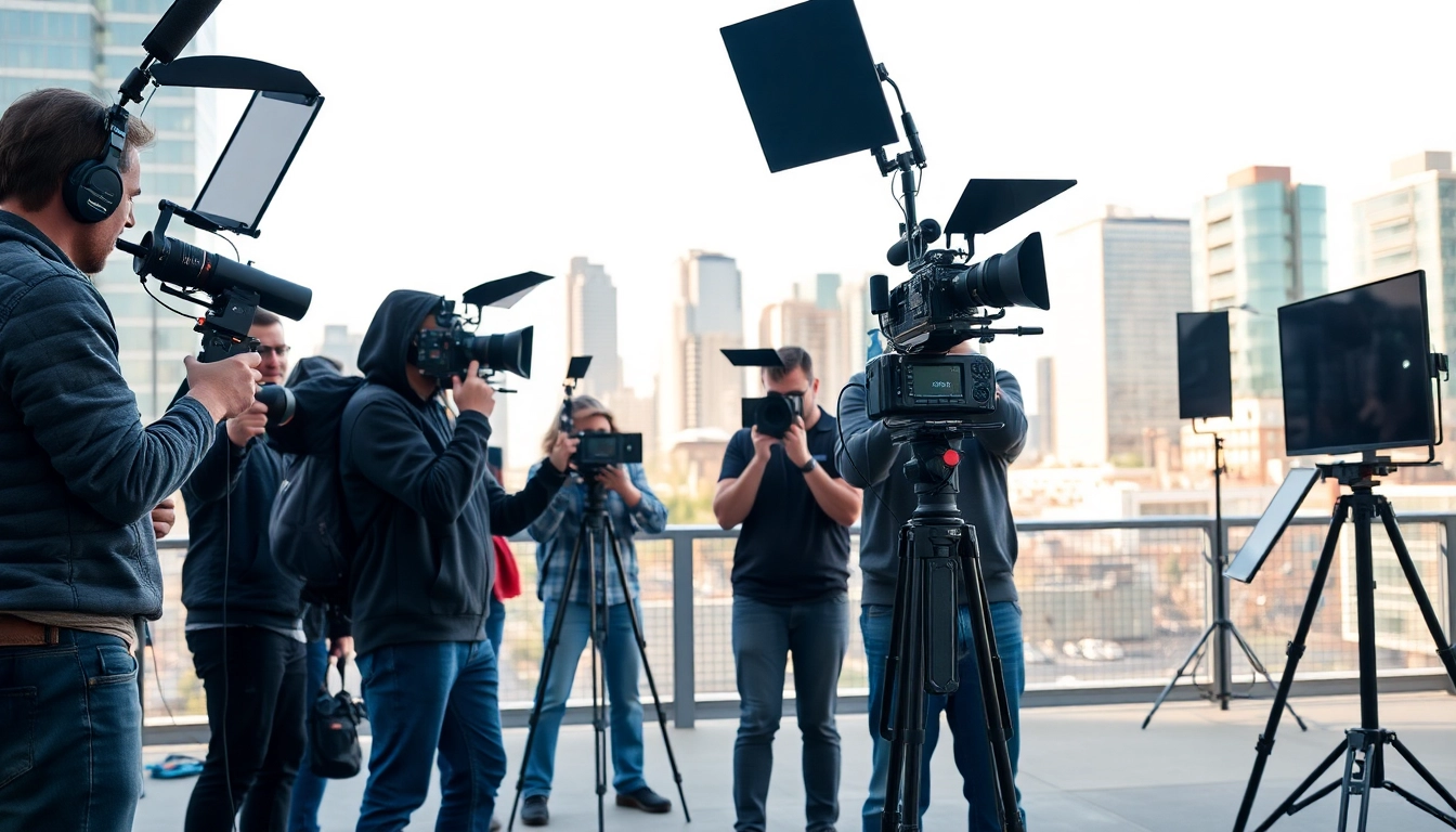 Capture a professional video production scene in Edmonton showcasing experts at work.