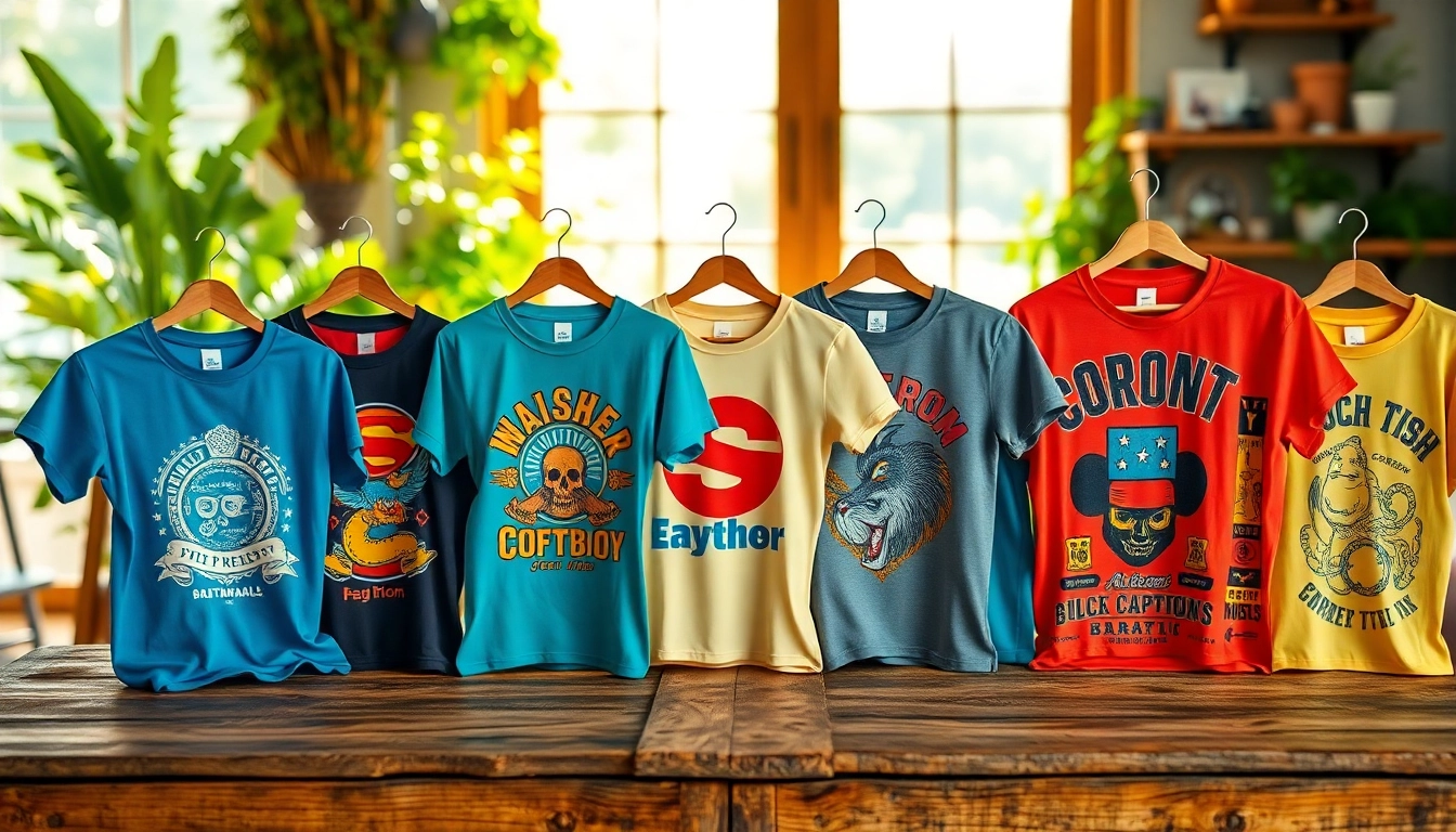 Showcasing colorful Graphic T-shirts on a rustic wooden table with vibrant designs and natural light.