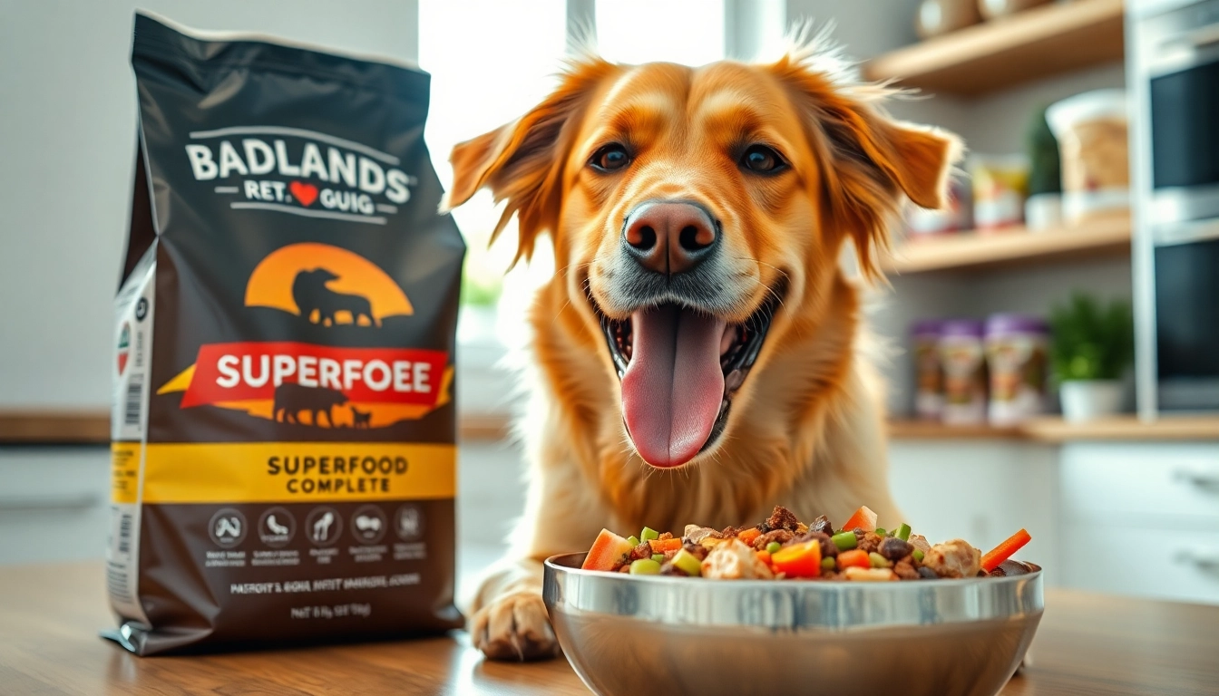 Dog enjoying Badlands Ranch Superfood Complete in a bright kitchen setting