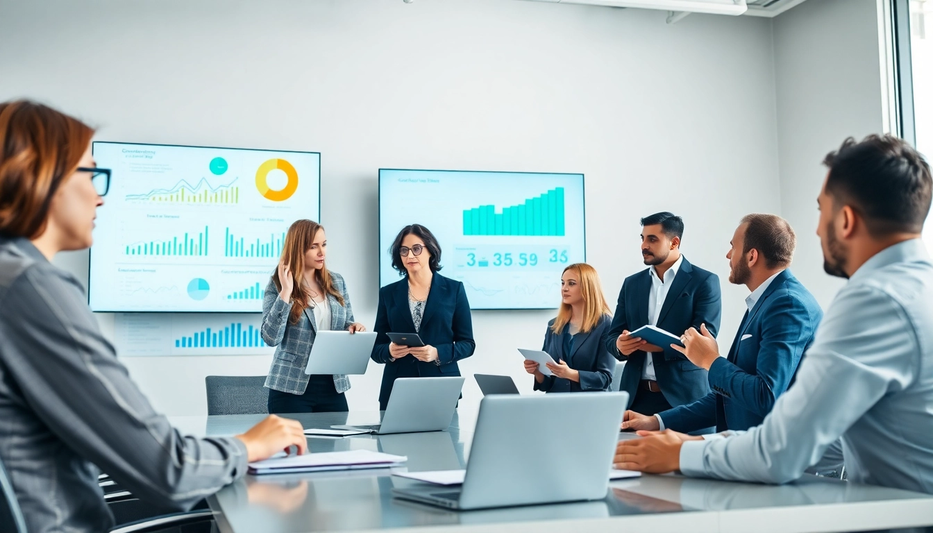 Analyze competitive intelligence data during a professional business meeting, showcasing team collaboration.