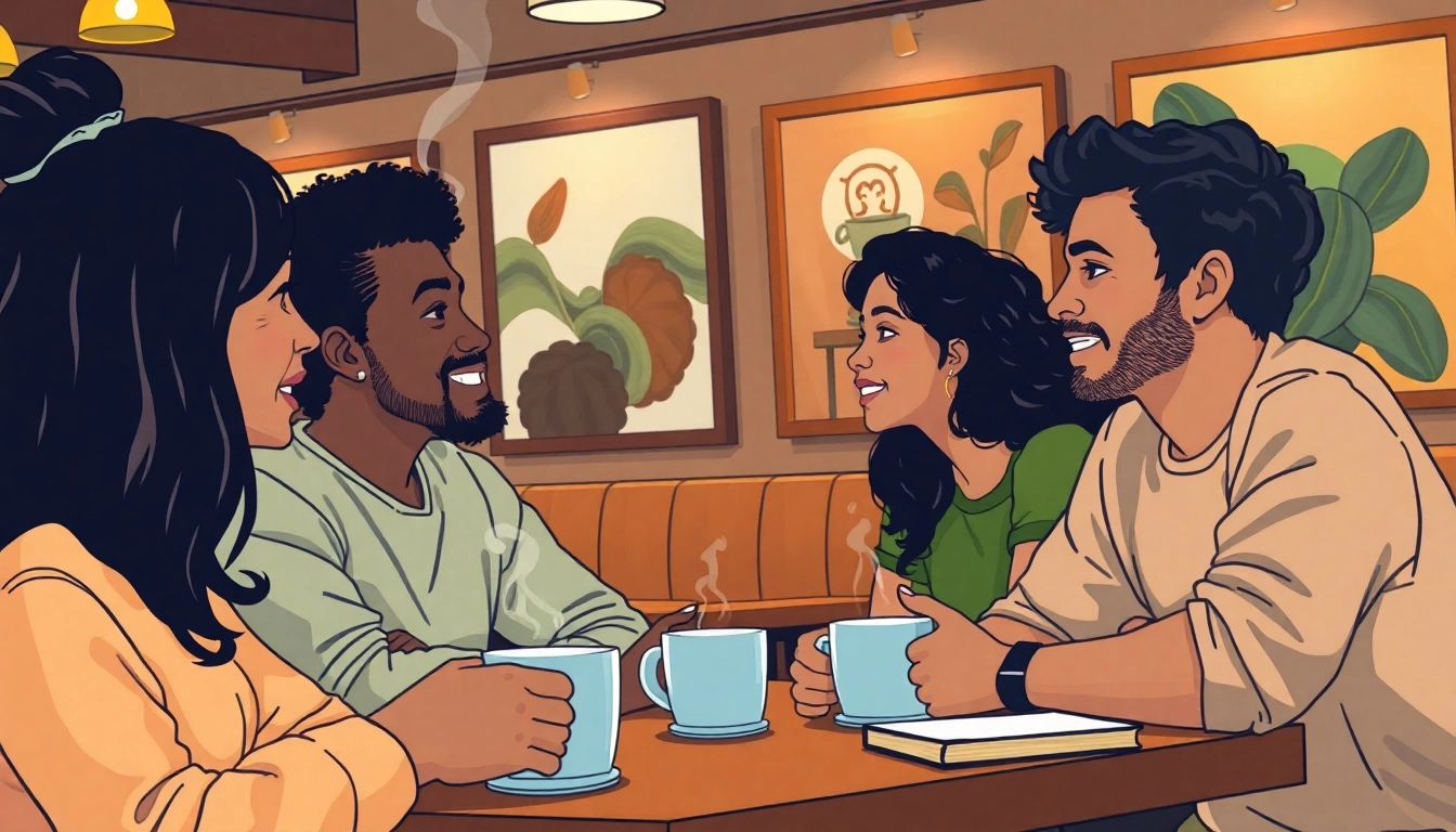 A diverse group practicing communication in relationships in a warm coffee shop setting.