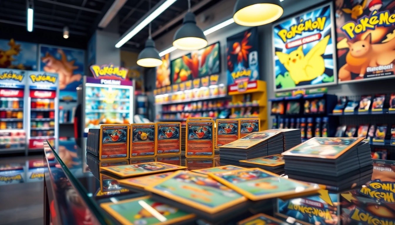 Showcase of real pokemon cards india in a modern gaming store, vibrant and engaging atmosphere.