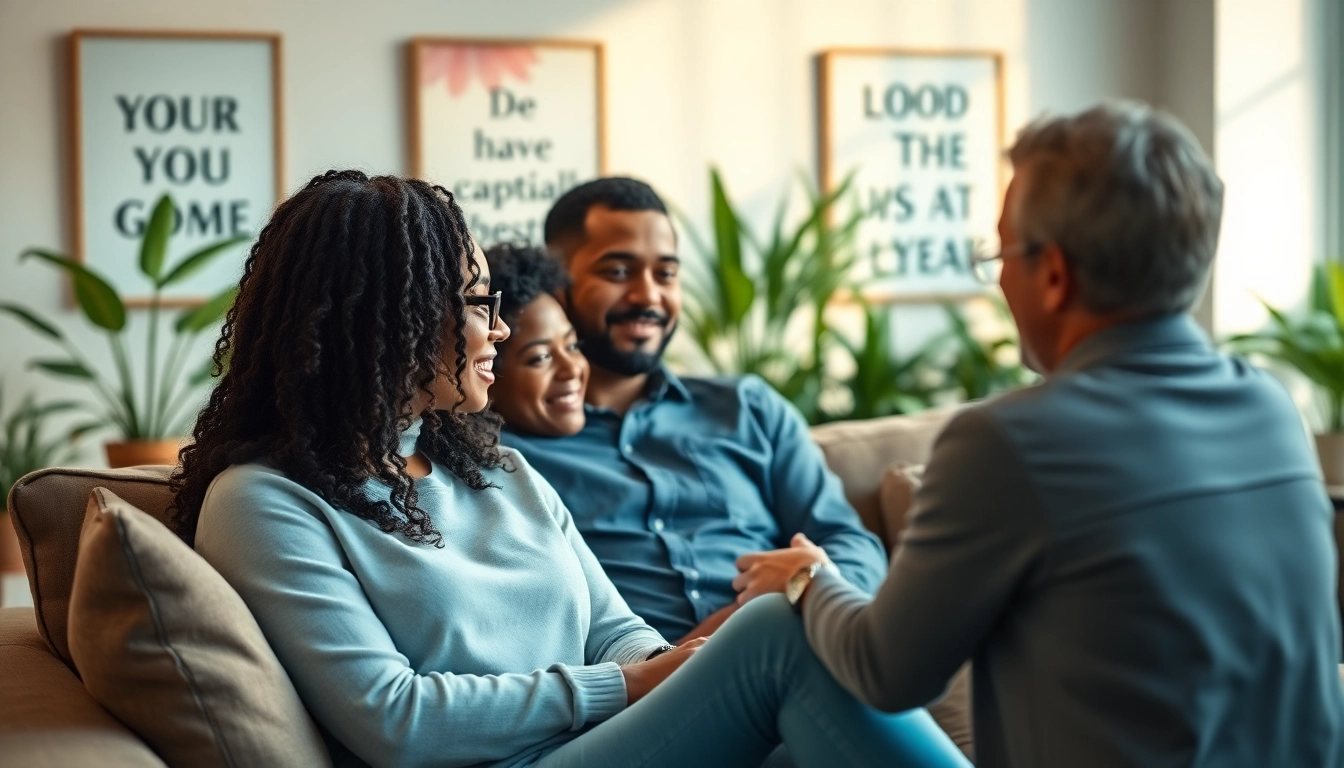 Empowering relationship coach guiding a couple through discussions in a welcoming office.