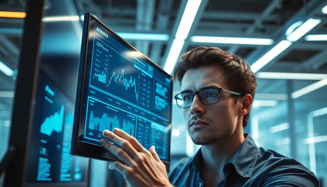 Analyze AI detection metrics on a computer screen in a modern office environment.