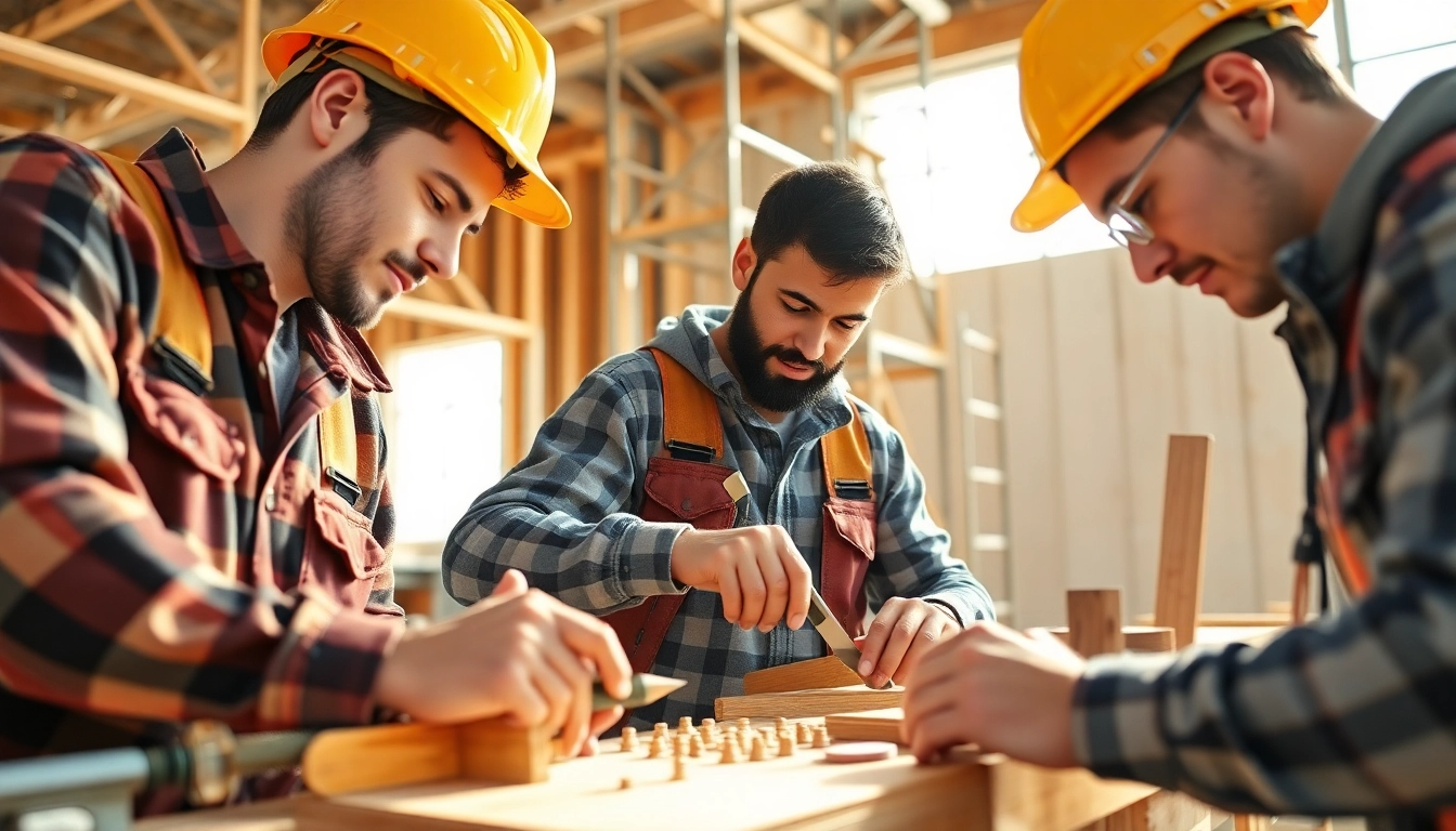 Carpentry apprenticeship near me featuring apprentices working diligently on-site with tools in hand.