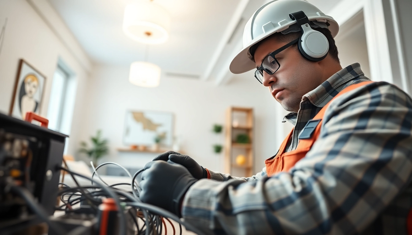 Providing top-quality Electrical Service with a focused electrician working in a well-lit modern home.