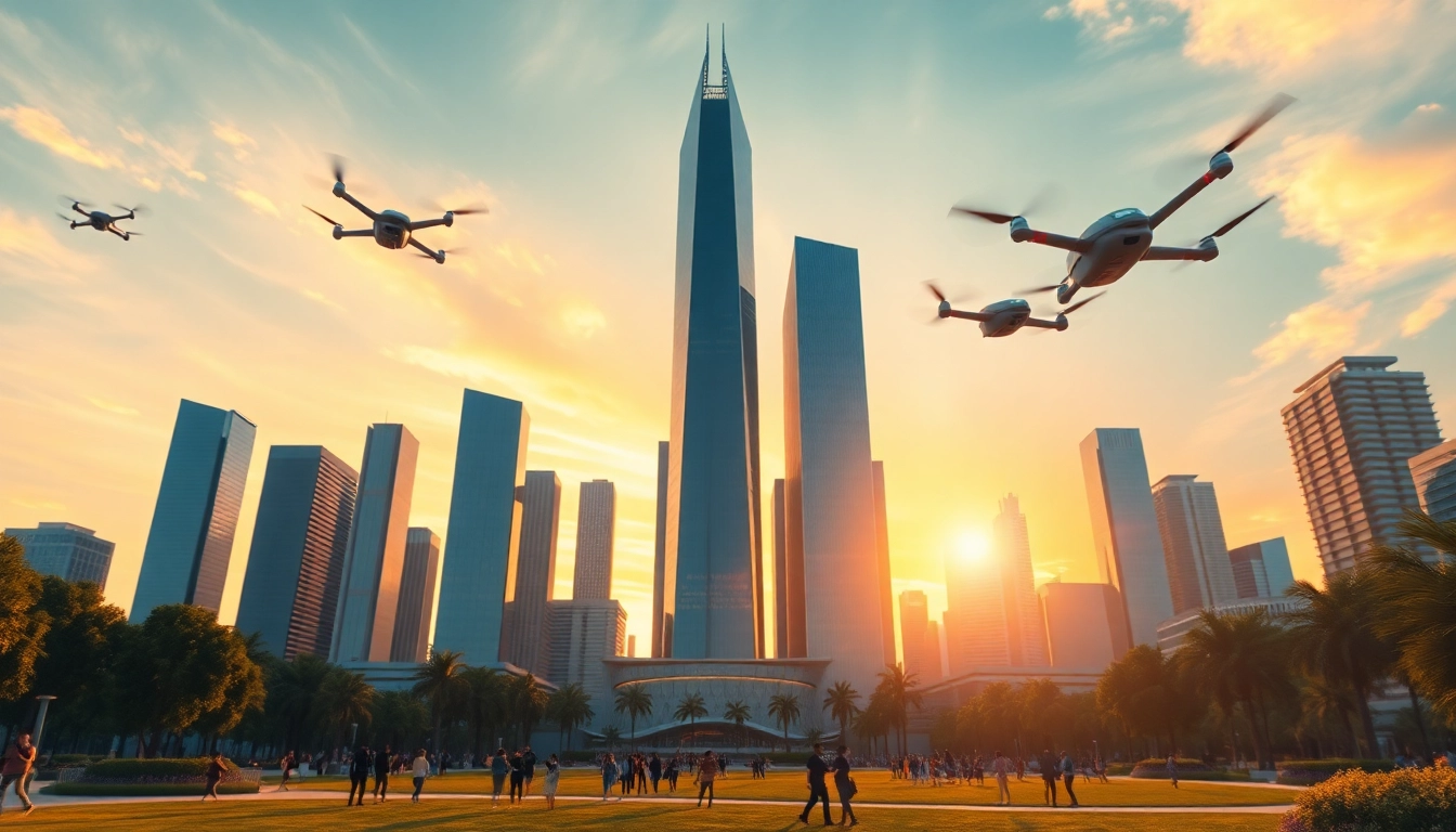 3d visualisierung einer futuristischen Stadtsilhouette mit lebhaftem Park im Vordergrund